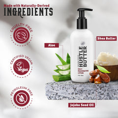 Hustle Butter Deluxe daily lotion pump showing easy non-greasy apply.