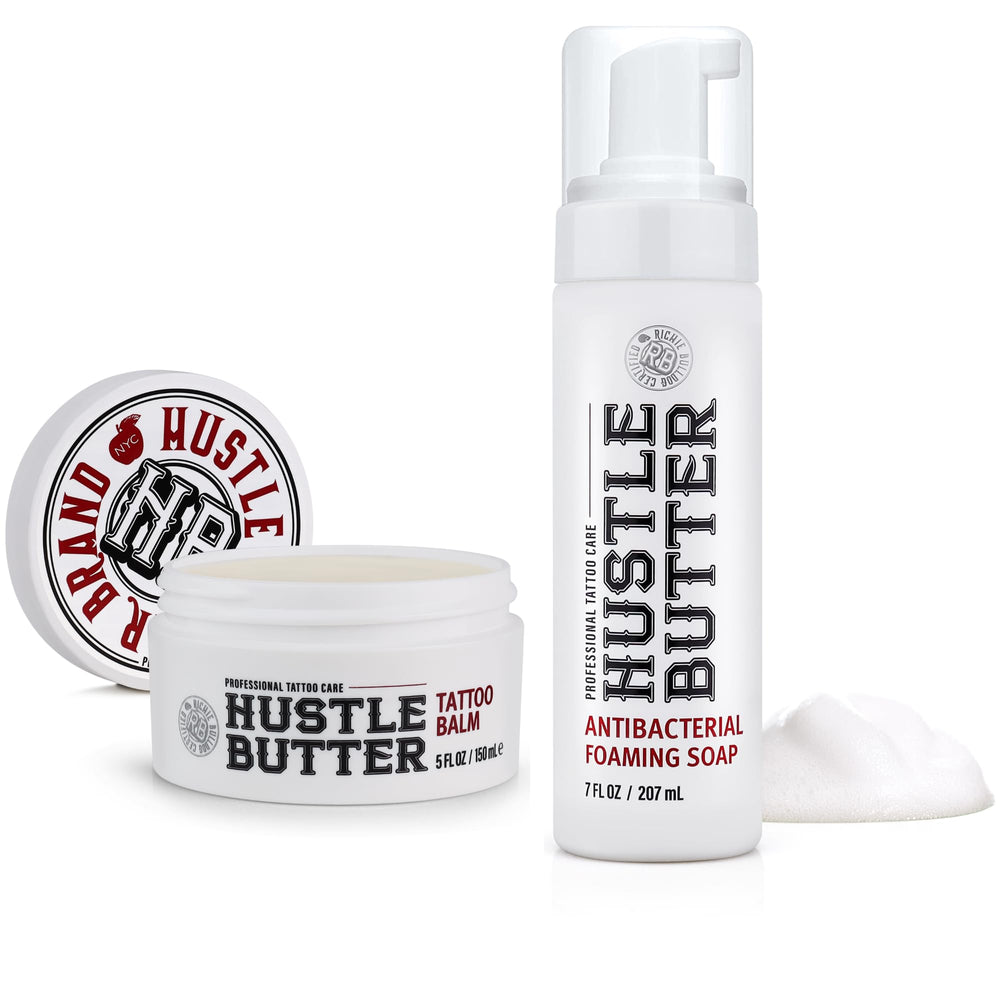 Hustle Butter Deluxe tattoo wash bottle closeup shows antibacterial formula for clean healing