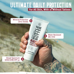 Hustle Butter Deluxe sunscreen lotion application on skin for hydration and protection