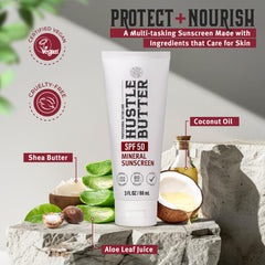 Hustle Butter Deluxe tattoo sunscreen tube packaging indicating TSA-friendly travel size