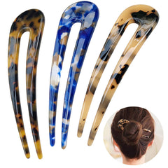 HYFEEL French hair fork tortoise shell blue bun pin provides secure updo and subtle shine.