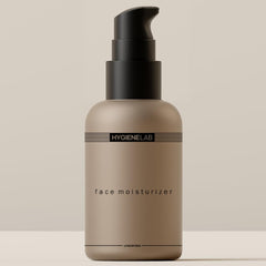 HygieneLab Face Moisturizer bottle closeup demonstrates unscented hydration for all skin types.