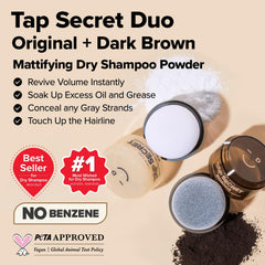 I DEW CARE Tap Secret Dry Shampoo Dark Brown tub side view, compact travel size.