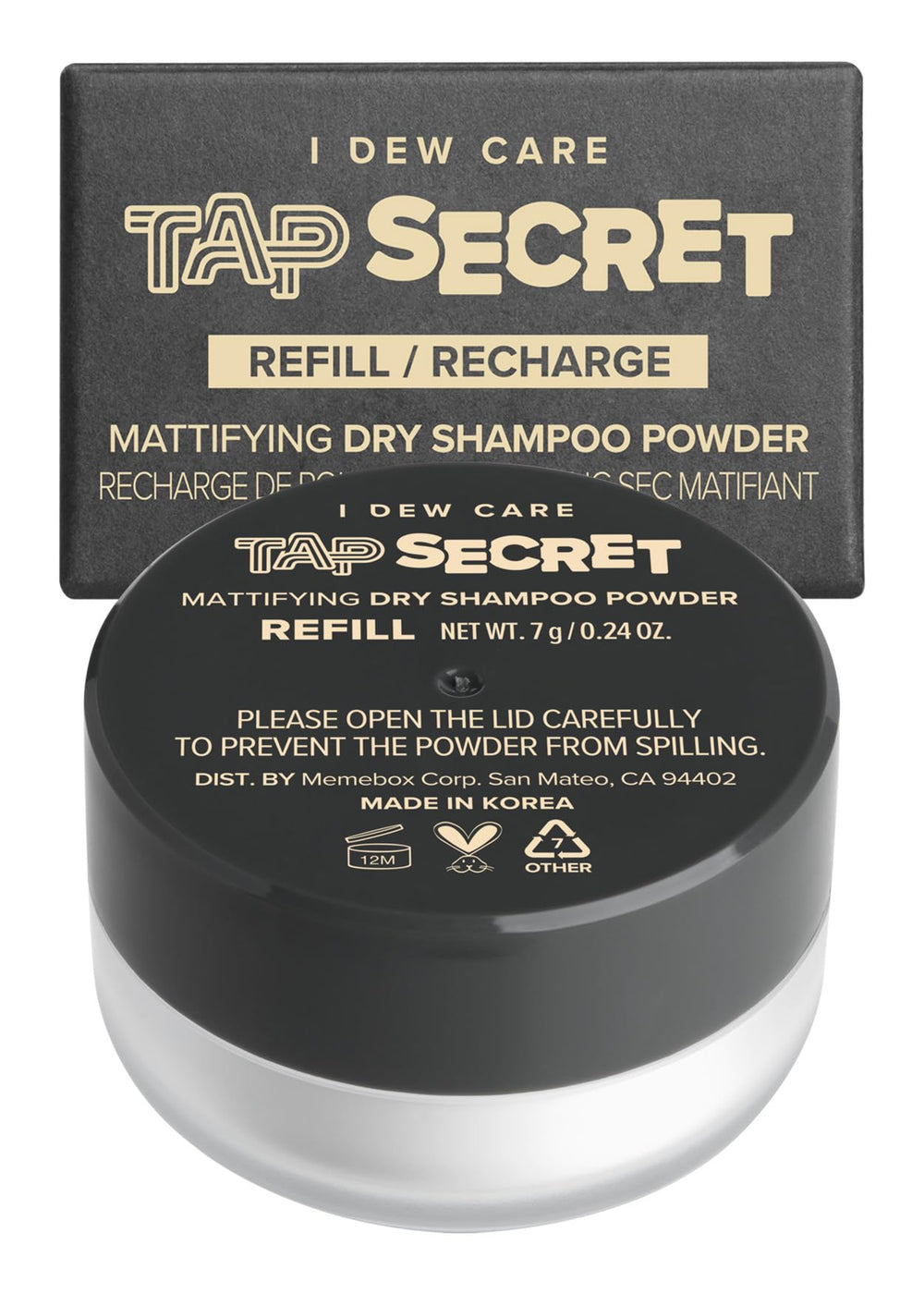 I DEW CARE Tap Secret dry shampoo refill tub for travel refreshment.
