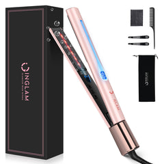 IG INGLAM titanium flat iron with LCD display shows precise heat settings for styling