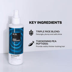 IGK Body Language Rice Water Mist close-up with visible spray for even coverage.