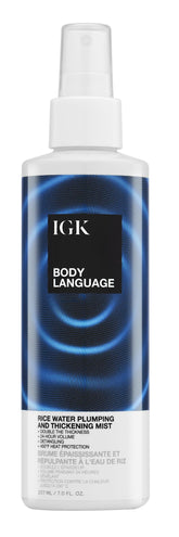 IGK Body Language Rice Water Mist bottle ready to spray for volumizing prep.