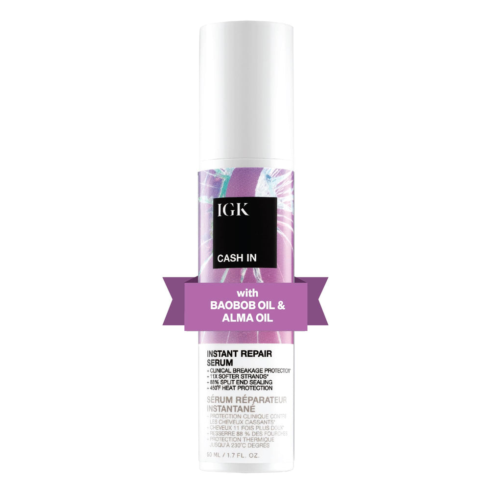 IGK Cash In serum bottle closeup highlighting vegan silk benefits for smoother, stronger hair