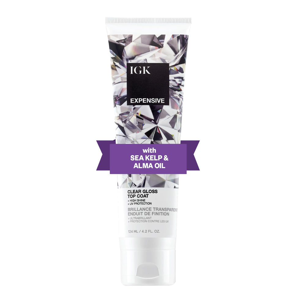 IGK Expensive gloss bottle closeup showing clear, weightless shine for color-rich strands