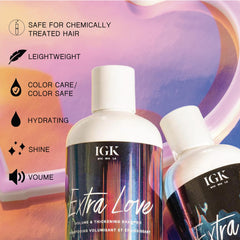 IGK Extra Love set packaging shows compact 8 oz bottles for travel-friendly styling.