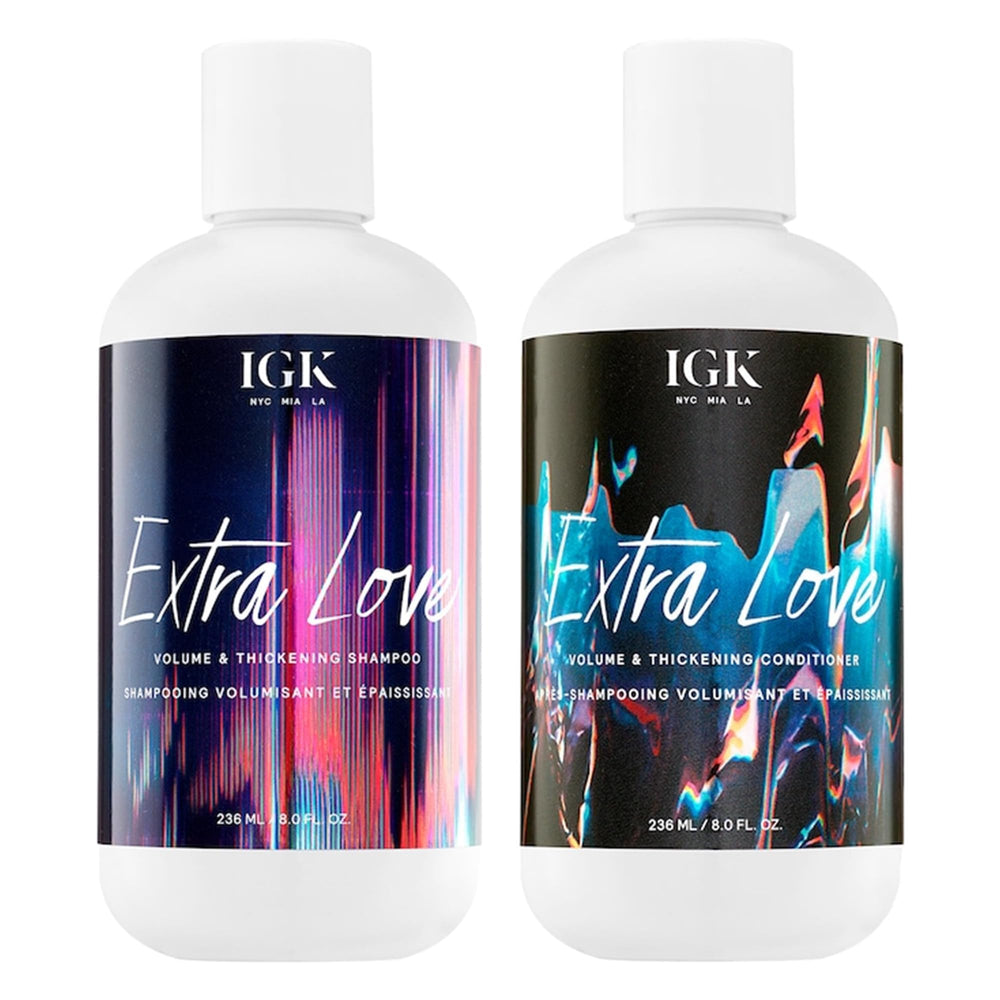 IGK Extra Love Volume Shampoo bottle front shows a lightweight formula for voluminous, fine hair.