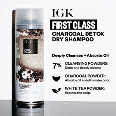 Close-up of IGK FIRST CLASS Detoxifying Charcoal Shampoo lather showing deep cleanse.