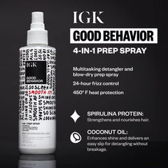 IGK Good Behavior 4-in-1 Prep Spray bottle angled showing detangling before styling.