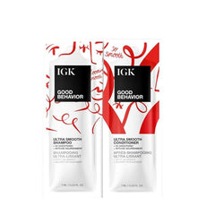 IGK GOOD BEHAVIOR conditioner bottle reveals smoothing and plumping effects on strands.