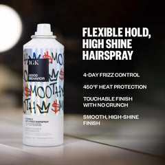 IGK Good Behavior hairspray dispense shot shows even mist for brushable hold