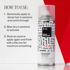IGK GOOD BEHAVIOR glossed spray nozzle showcasing even distribution.