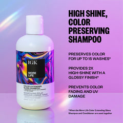 IGK MORE LIFE shampoo bottle closeup highlights gloss and packaging