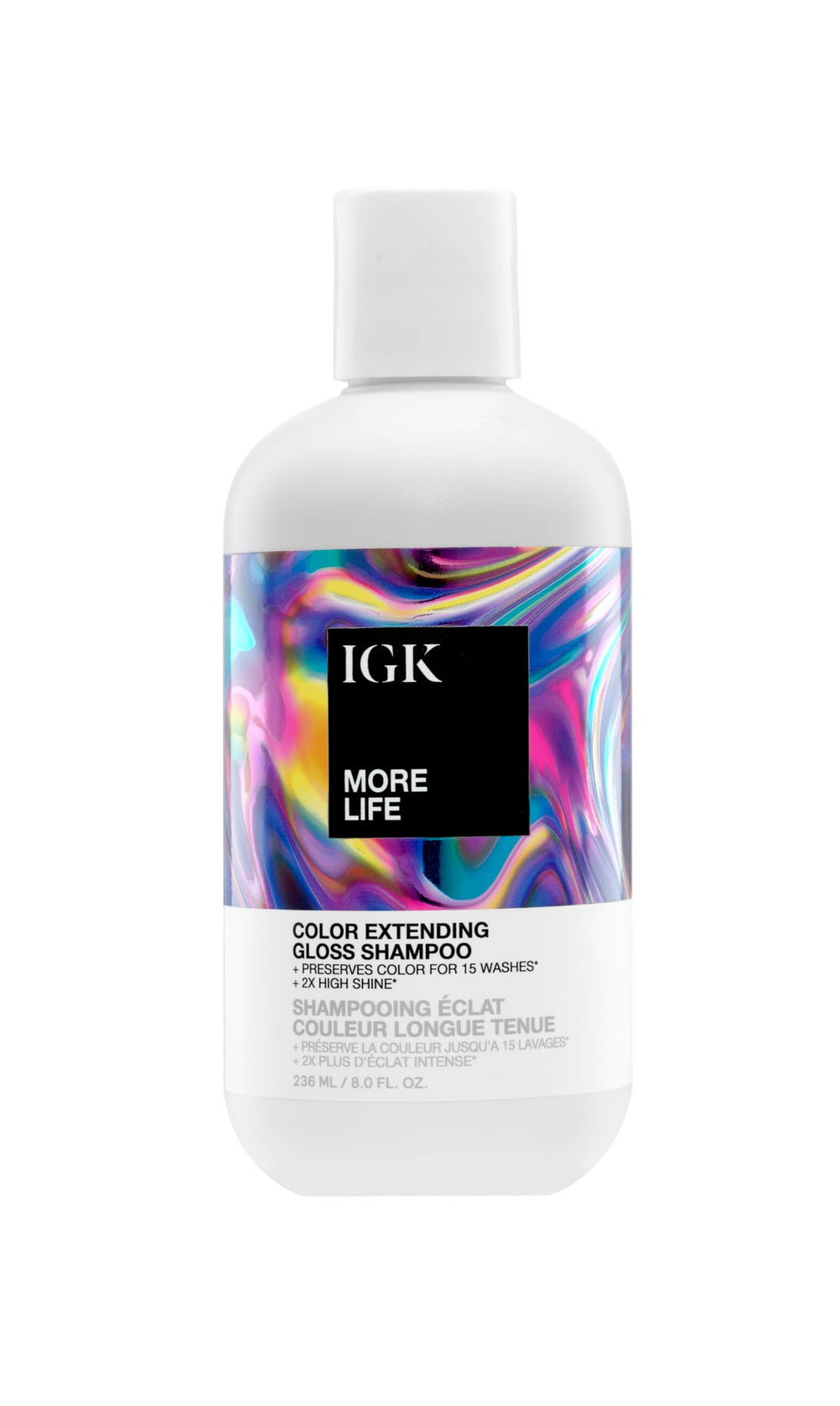 IGK MORE LIFE shampoo bottle shows color protection and high shine