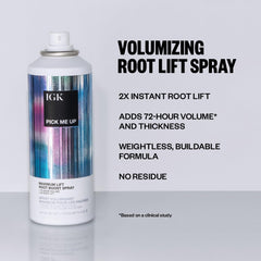 IGK Pick Me Up spray dispense demonstrates easy root lift on damp or dry hair.