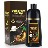 IIIMEIDU dark brown hair dye shampoo bottle showing gray coverage at home.