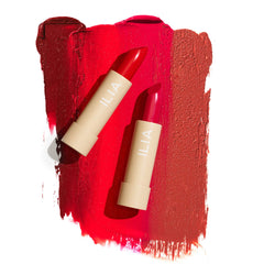 ILIA Color Block Lipstick Rosette packaging showcases vegan, cruelty-free ethics.