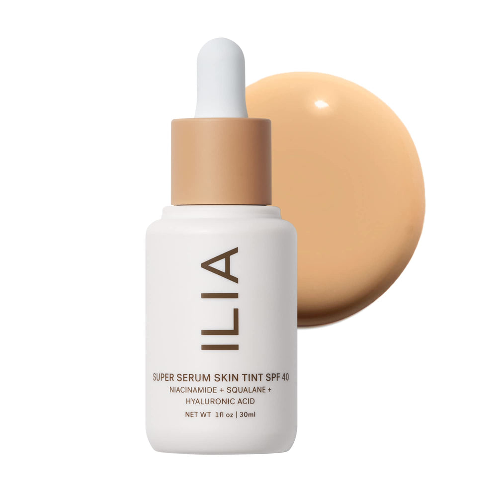 ILIA Super Serum Skin Tint SPF 40 bottle close-up showing mineral protection and dewy finish.