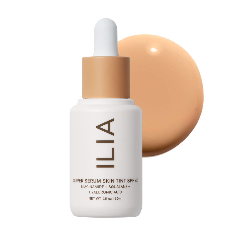 ILIA Super Serum Skin Tint Paloma bottle close-up showing dewy finish and SPF 40 protection.