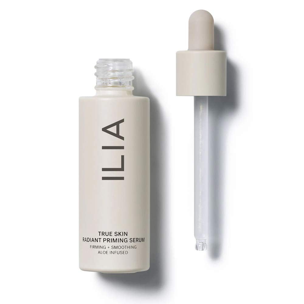 ILIA True Skin Radiant Priming Serum bottle-pump delivering a smooth base for makeup