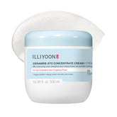 Illiyoon Ceramide Ato Concentrate Cream jar closeup highlights rich moisture for sensitive skin.