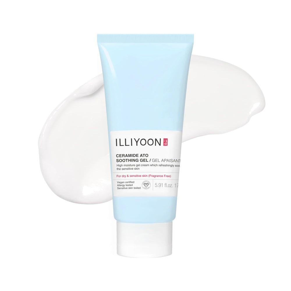 Illiyoon Ceramide Ato Soothing Gel bottle provides cooling, long-lasting moisture for sensitive skin.