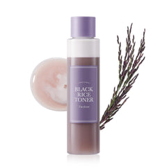 I'm from Black Rice Toner bottle close-up showing fragrance-free lightweight hydration for oily skin.