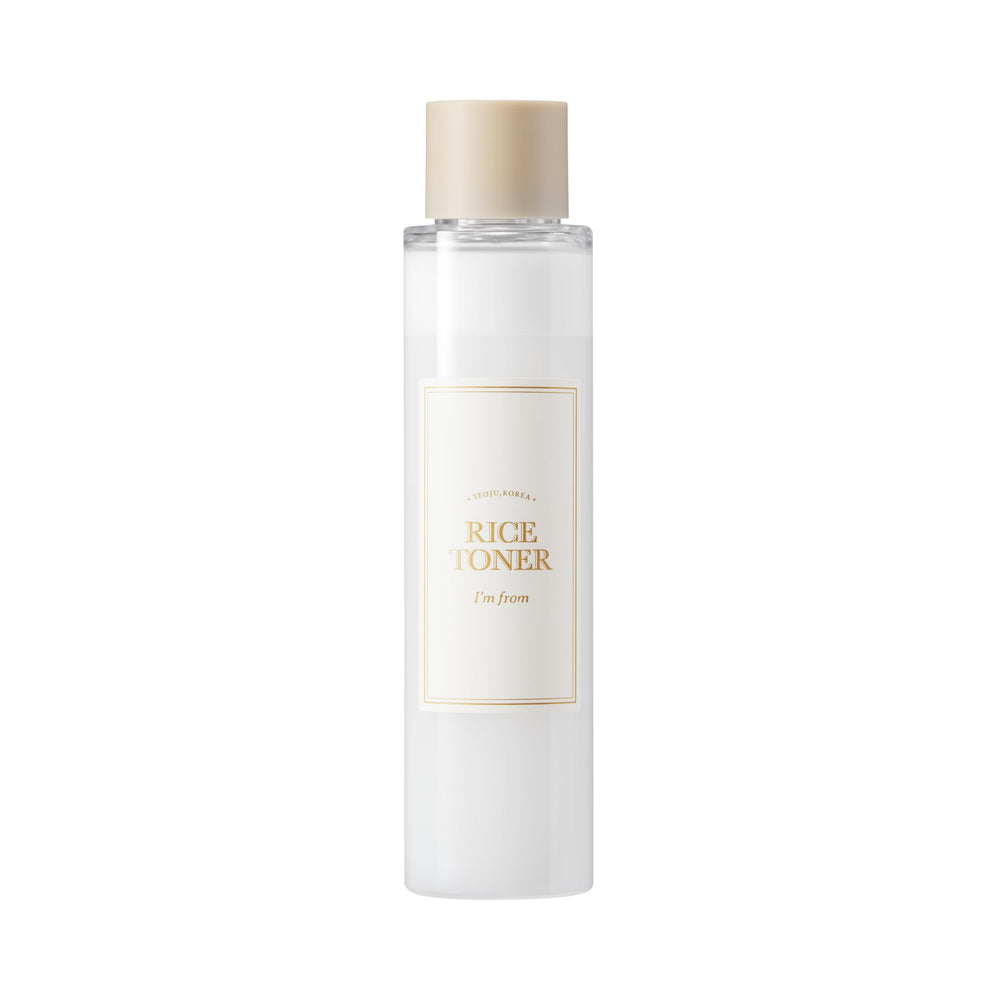I'm from Rice Toner bottle closeup shows premium packaging for a glow-ready routine.