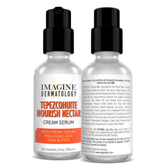 Imagine Dermatology Tepezcohuite Nourish Nectar jar close-up shows fragrance-free silky texture