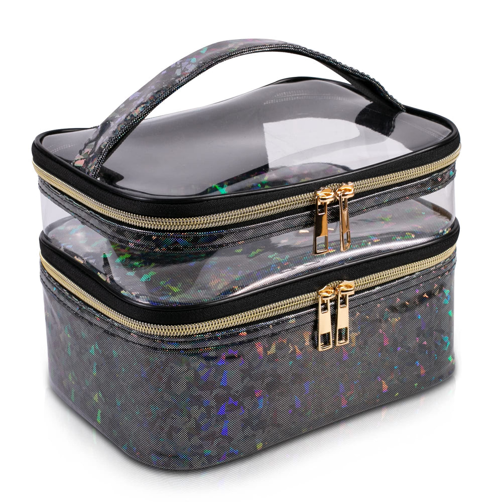 Imerelez double-layer makeup bag front view showing roomy storage for cosmetics on the go.
