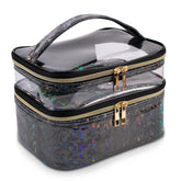 Imerelez double-layer makeup bag front view showing roomy storage for cosmetics on the go.