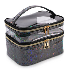 Imerelez double-layer makeup bag front view showing roomy storage for cosmetics on the go.