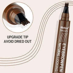 iMethod Eyebrow Pen fork-tip close-up demonstrates hair-like strokes for natural-looking brows