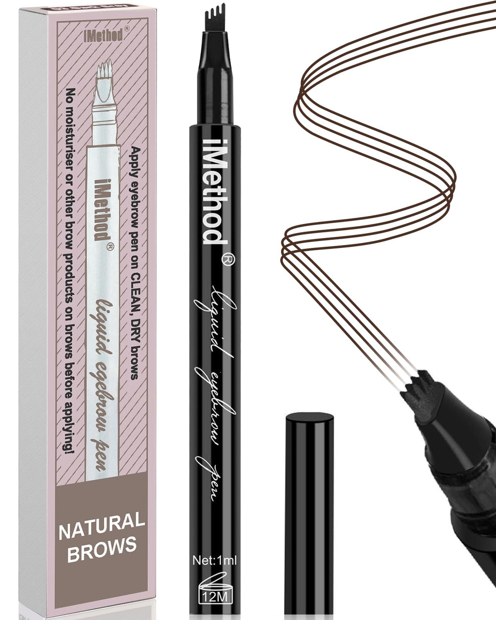 iMethod Eyebrow Pen micro-fork tip delivers precise hair-like strokes for natural brows.