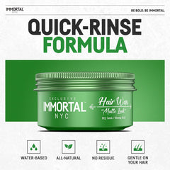Immortal NYC Matte Look Hair Wax on natural-looking, dry-hair effect without shine.
