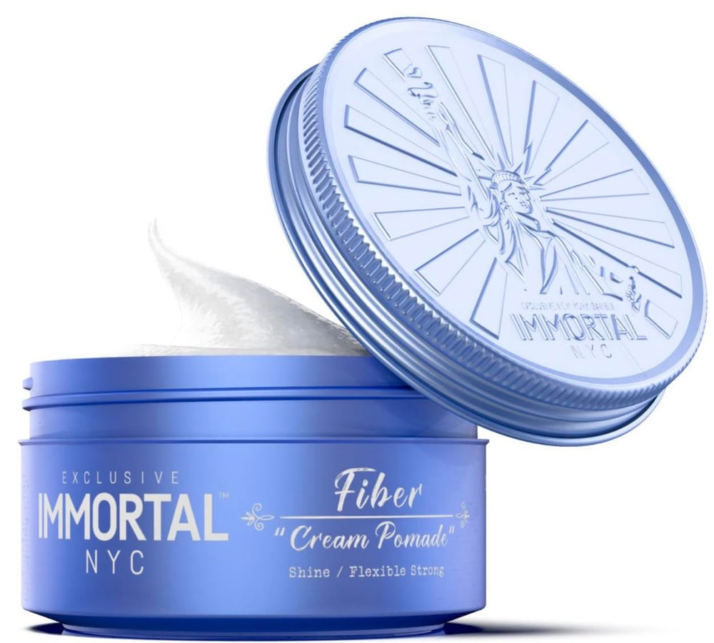 Immortal NYC Fiber Cream Pomade jar front shows matte finish and flexible hold