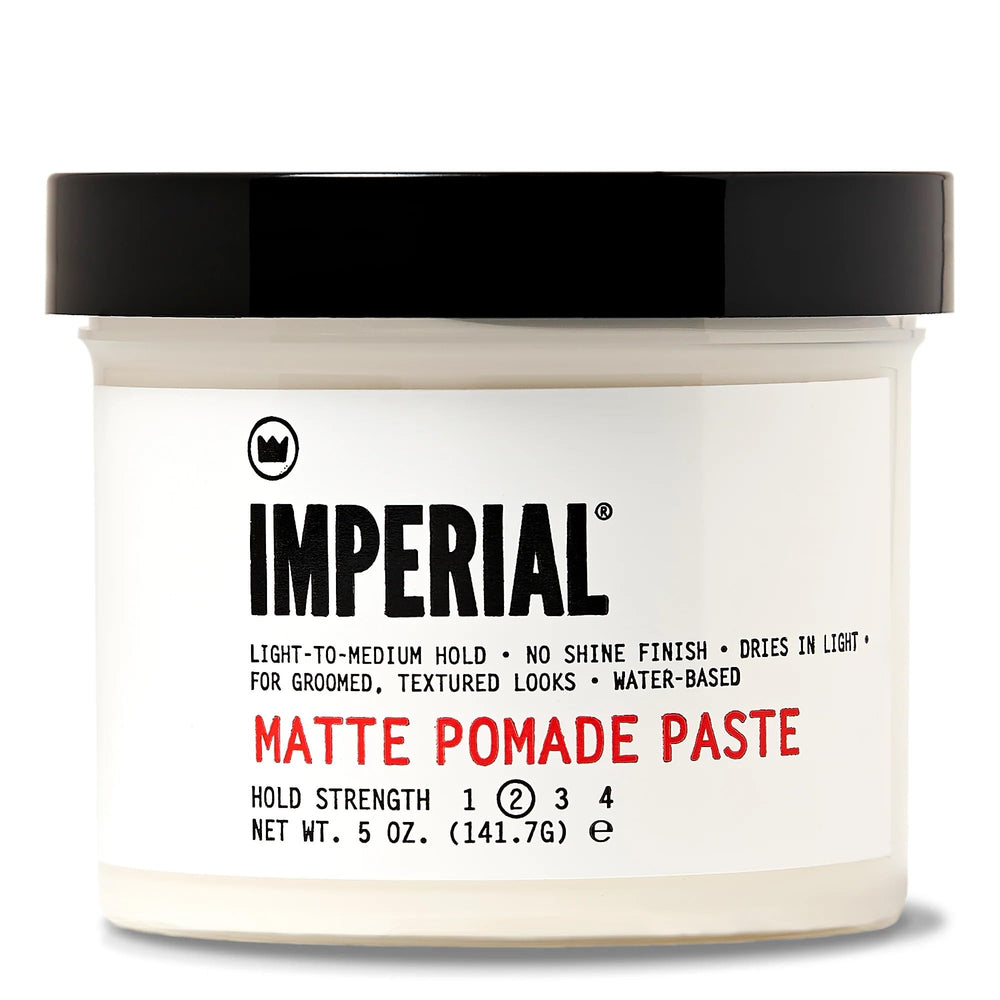 Imperial Barber Matte Pomade Paste jar offers natural finish with light–medium hold for versatile styling