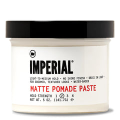 Imperial Barber Matte Pomade Paste jar offers natural finish with light–medium hold for versatile styling