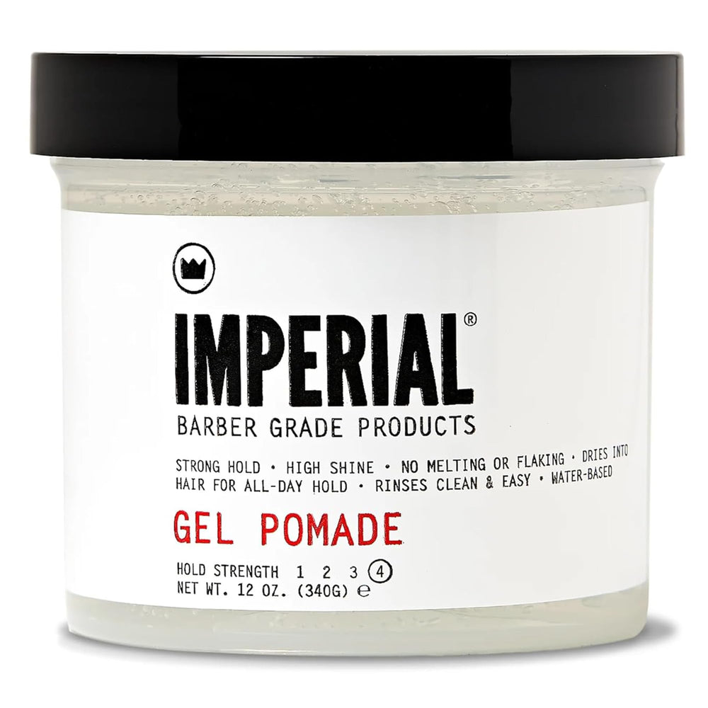 Imperial Gel Pomade bottle offers all-day hold with easy rinse.