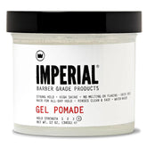 Imperial Gel Pomade bottle offers all-day hold with easy rinse.