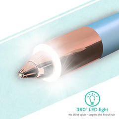 iMusthav 360 LED light illuminates skin for thorough facial hair checks.