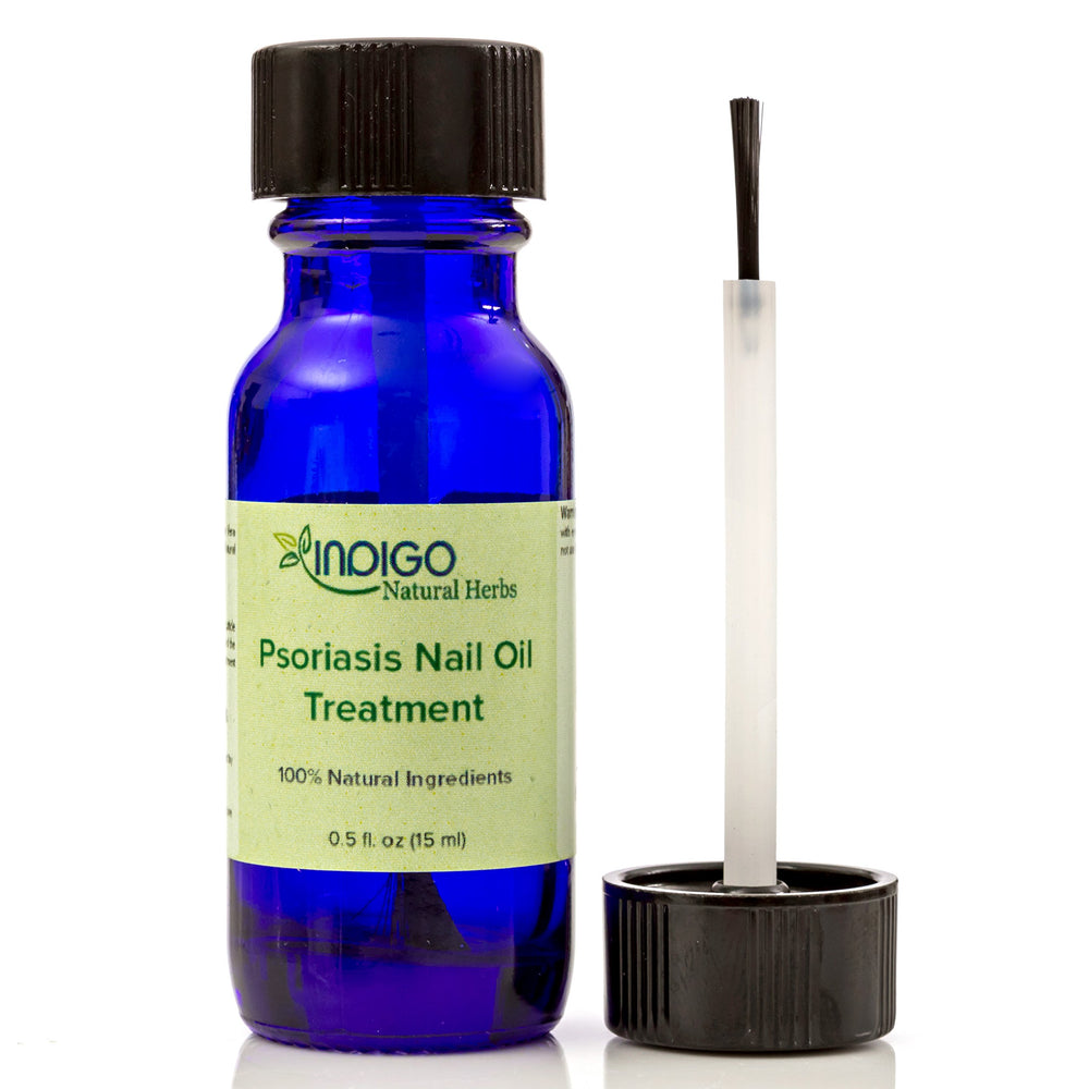 Indigo Natural Herbs Psoriasis Nail Oil Care bottle showing fragrance-free nail nourishment.