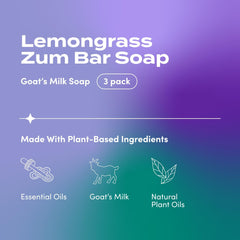 Indigo Wild Zum Goat Milk Soap Lemongrass bars stacked, showing natural ingredients for nourishing skin.