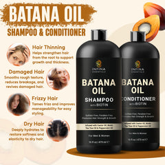 INFINA ESSENTIALS Batana Oil Conditioner bottle promoting smooth detangling and thicker-looking hair.