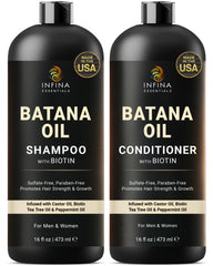 INFINA ESSENTIALS Batana Oil Shampoo bottle for nourishing cleanse and possible hair fullness.