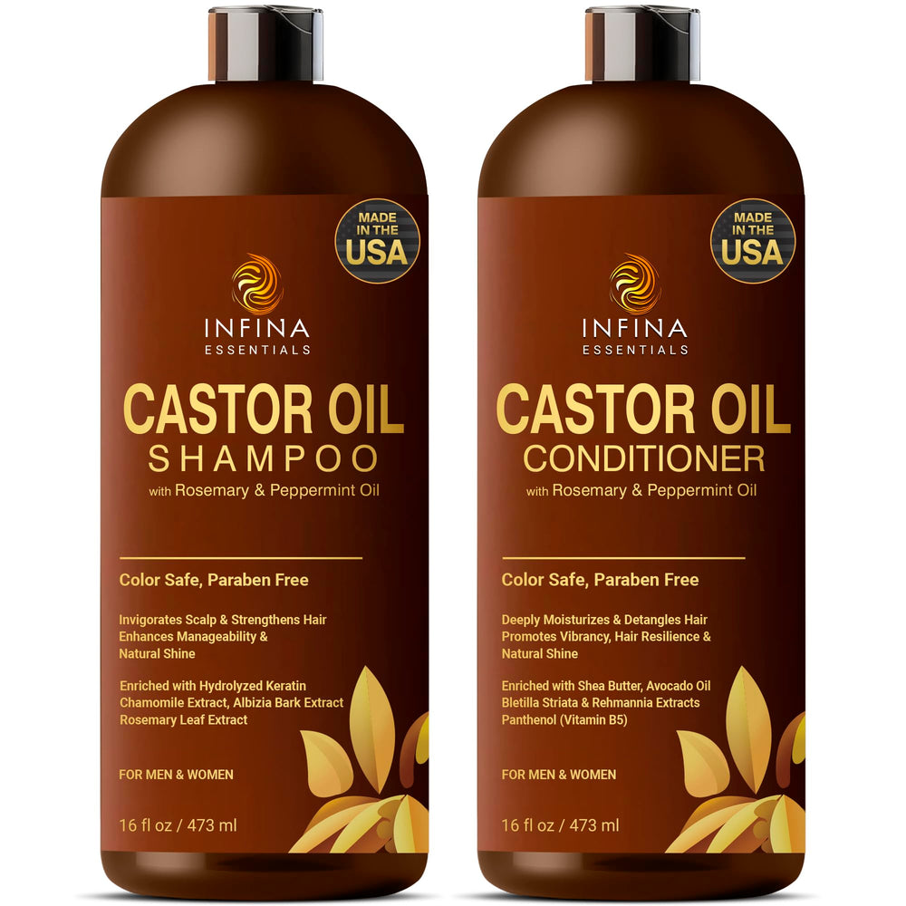 INFINA ESSENTIALS castor oil shampoo bottle highlights invigorating rosemary and peppermint blend for scalp refreshment.